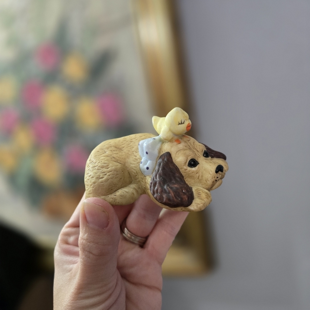 Porcelain Cocker Spaniel Dog with Chick Duck Vintage Miniature Figurine Decor